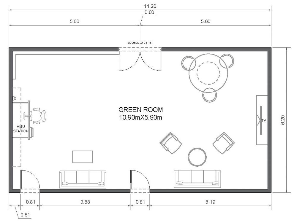 Floor plan of studio 1's Green Room